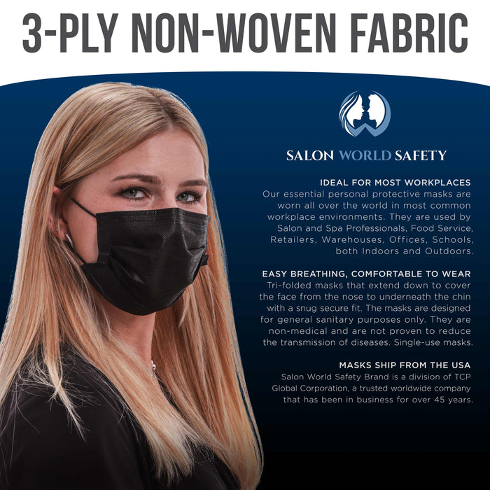 Salon World Safety Black Masks (Sealed Dispenser Box of 50) - 3 Layer Disposable Protective Face Masks with Nose Clip Ear Loops 3-Ply Non-Woven Fabric