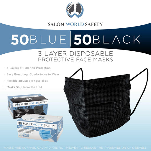 Black and Blue Colored Face Masks Variety Pack (50ea Color = 100 Masks) Breathable Disposable 3-Ply Protective PPE with Nose Clip and Ear Loops