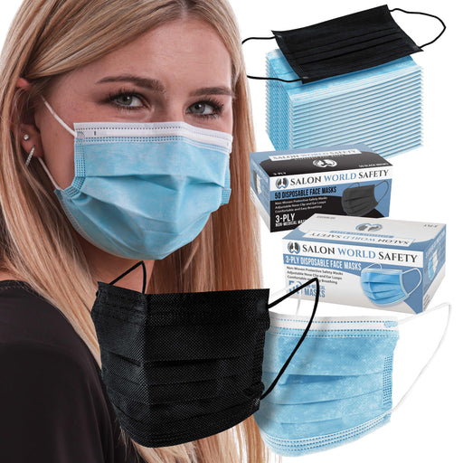 Black and Blue Colored Face Masks Variety Pack (50ea Color = 100 Masks) Breathable Disposable 3-Ply Protective PPE with Nose Clip and Ear Loops