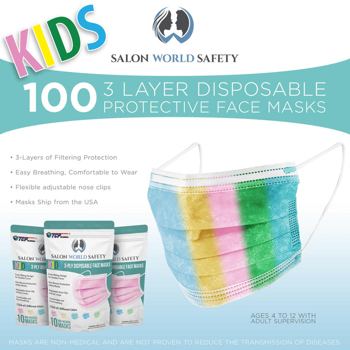 Salon World Safety 100 Kids Masks (10 Sealed Packages of 10) - 5 Colors, 20 Each - 3 Layer Disposable Protective Children's Face Masks, 3-Ply Fabric