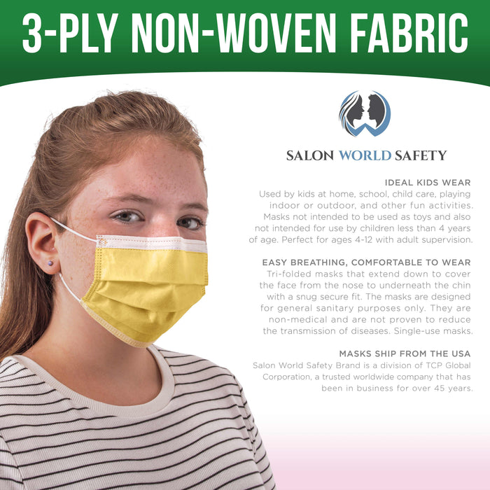 Salon World Safety 100 Kids Masks (10 Sealed Packages of 10) - 5 Colors, 20 Each - 3 Layer Disposable Protective Children's Face Masks, 3-Ply Fabric