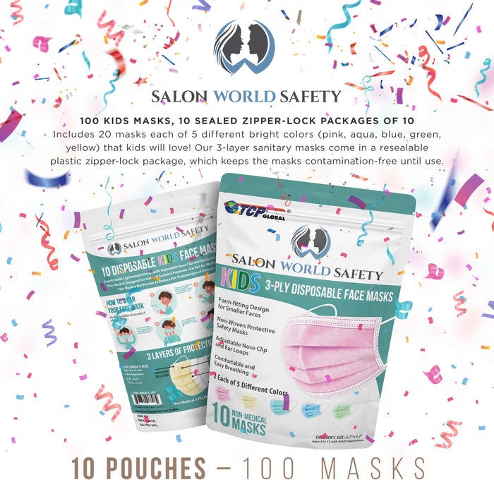 Salon World Safety 100 Kids Masks (10 Sealed Packages of 10) - 5 Colors, 20 Each - 3 Layer Disposable Protective Children's Face Masks, 3-Ply Fabric