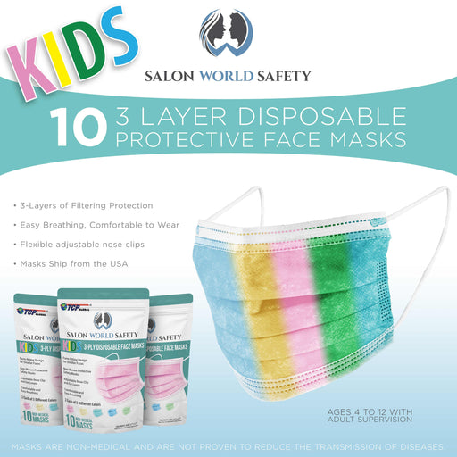 Salon World Safety Kids Masks (Sealed Package of 10) - 5 Colors, 2 Each - 3 Layer Disposable Protective Children's Face Masks - 3-Ply Non-Woven Fabric