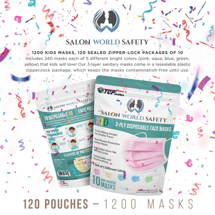 Salon World Safety 1200 Kids Masks (120 Sealed Packages of 10) - 5 Colors, 240 Each - 3 Layer Disposable Protective Children's Face Masks 3-Ply Fabric