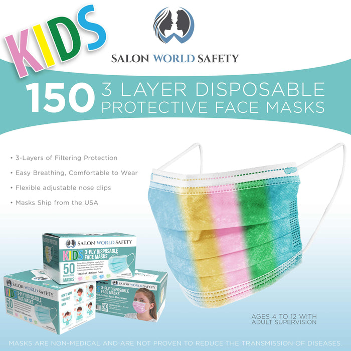 Kids Masks - Bulk 3 Boxes (150 Masks) in Sealed Dispenser Boxes of 50 - 5 Colors, 30 Each - 3 Layer Disposable Protective Children's Face Masks