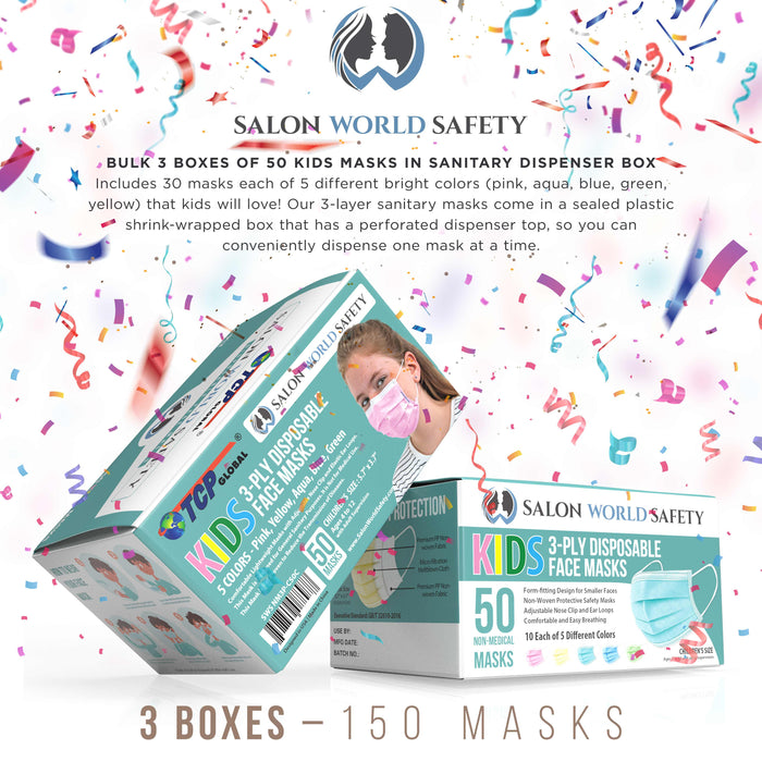 Kids Masks - Bulk 3 Boxes (150 Masks) in Sealed Dispenser Boxes of 50 - 5 Colors, 30 Each - 3 Layer Disposable Protective Children's Face Masks