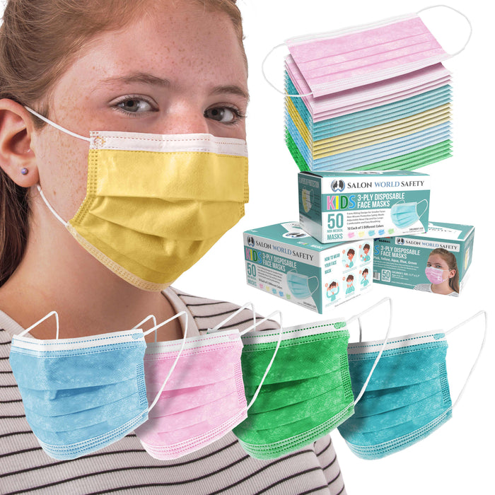 Kids Masks - Bulk 3 Boxes (150 Masks) in Sealed Dispenser Boxes of 50 - 5 Colors, 30 Each - 3 Layer Disposable Protective Children's Face Masks