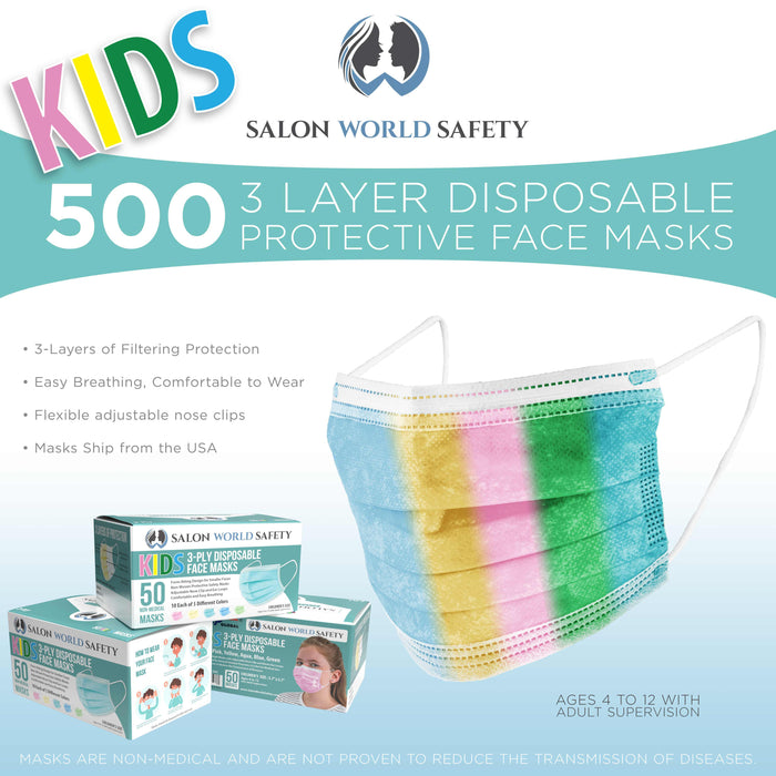 Kids Masks - Bulk 10 Boxes (500 Masks) in Sealed Dispenser Boxes of 50 - 5 Colors, 100 Each - 3 Layer Disposable Protective Children's Face Masks