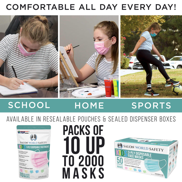 Kids Masks - Bulk 10 Boxes (500 Masks) in Sealed Dispenser Boxes of 50 - 5 Colors, 100 Each - 3 Layer Disposable Protective Children's Face Masks