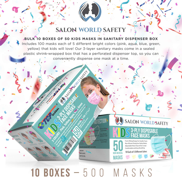 Kids Masks - Bulk 10 Boxes (500 Masks) in Sealed Dispenser Boxes of 50 - 5 Colors, 100 Each - 3 Layer Disposable Protective Children's Face Masks