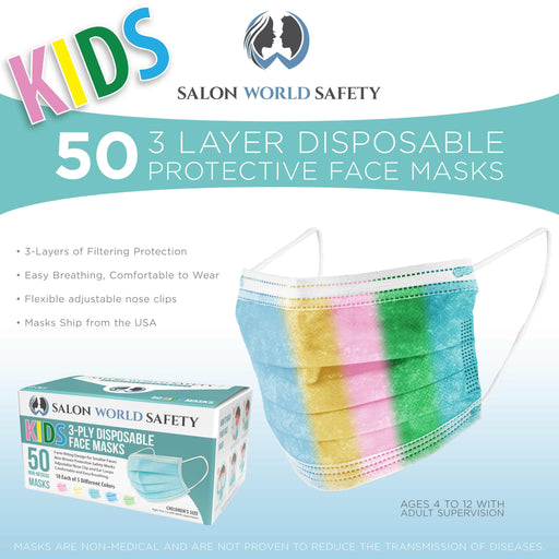 Salon World Safety Kids Masks (Sealed Dispenser Box of 50) - 5 Colors, 10 Each - 3 Layer Disposable Protective Children's Face Masks 3-Ply Fabric