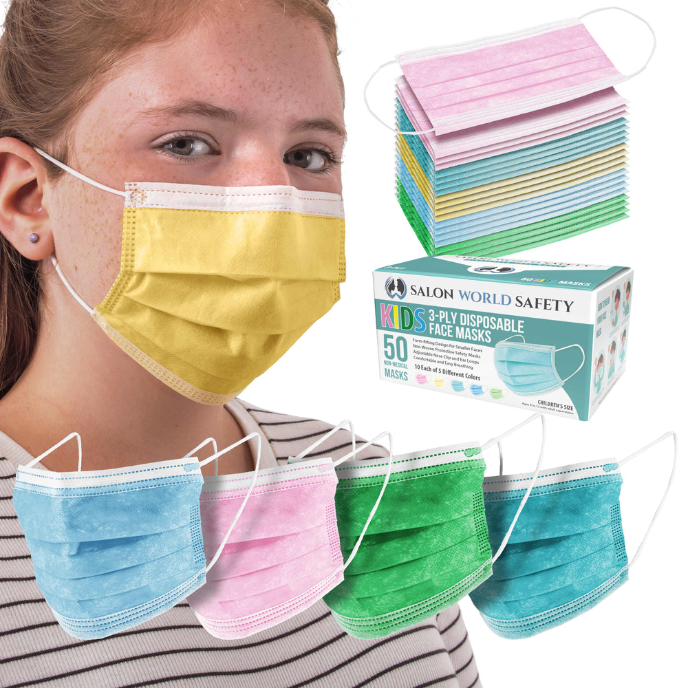 Salon World Safety Kids Masks (Sealed Dispenser Box of 50) - 5 Colors, 10 Each - 3 Layer Disposable Protective Children's Face Masks 3-Ply Fabric