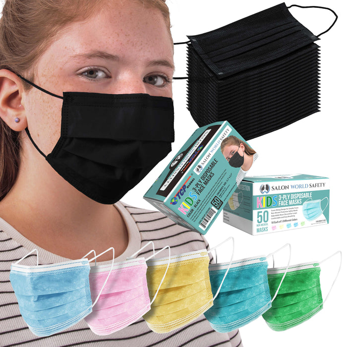 Black and Assorted Colors Kids Face Masks Variety Pack (2 Boxes - 100 Masks Total) Breathable Disposable 3-Ply Protective PPE, Nose Clip Ear Loops