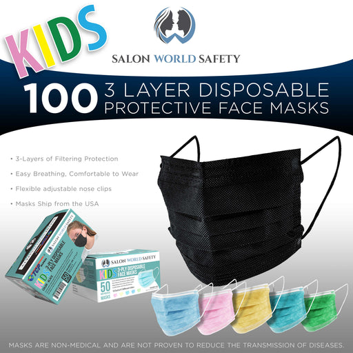 Black and Assorted Colors Kids Face Masks Variety Pack (2 Boxes - 100 Masks Total) Breathable Disposable 3-Ply Protective PPE, Nose Clip Ear Loops