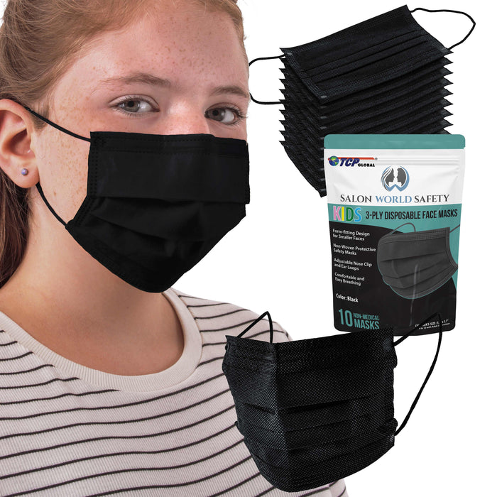 Kids Masks (Sealed Package of 10) - Black - 3 Layer Disposable Protective Children's Face Masks - Nose Clip and Ear Loops - 3-Ply Non-Woven Fabric