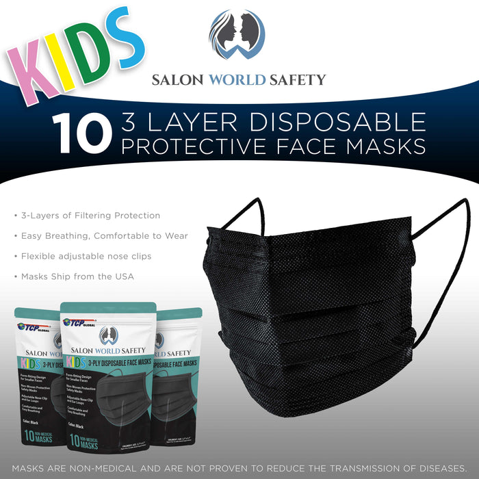 Kids Masks (Sealed Package of 10) - Black - 3 Layer Disposable Protective Children's Face Masks - Nose Clip and Ear Loops - 3-Ply Non-Woven Fabric