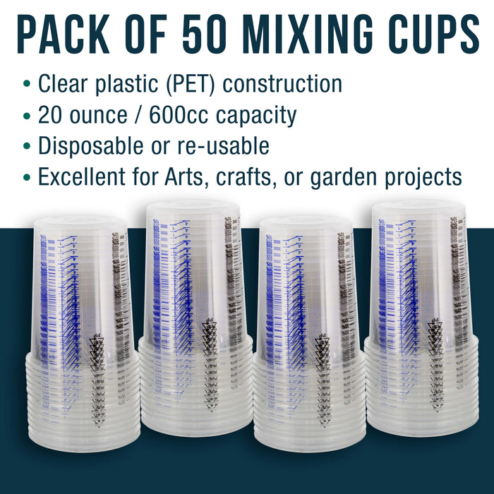 TCP Global 20 Ounce (600ml) Disposable Flexible Clear Graduated Plastic Mixing Cups - Box of 50 Cups - Use for Paint, Resin, Epoxy, Art, Kitchen
