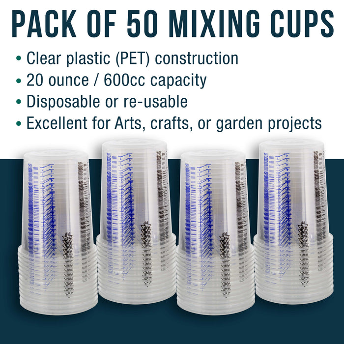 20 Ounce (600ml) Disposable Flexible Clear Graduated Plastic Mixing Cups - Box of 50 Cups - Use for Paint, Resin, Epoxy, Art, Kitchen