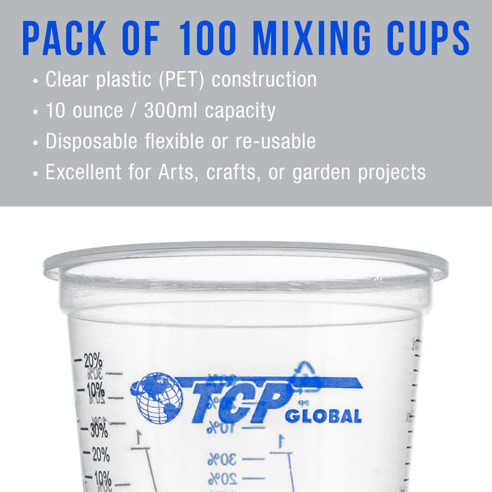 10 oz. (300ml) Graduated Plastic Mixing Cups - Box of 100 with 50 Mixing Sticks - Disposable Plastic Measuring Cups for Liquids, Paints, Resin