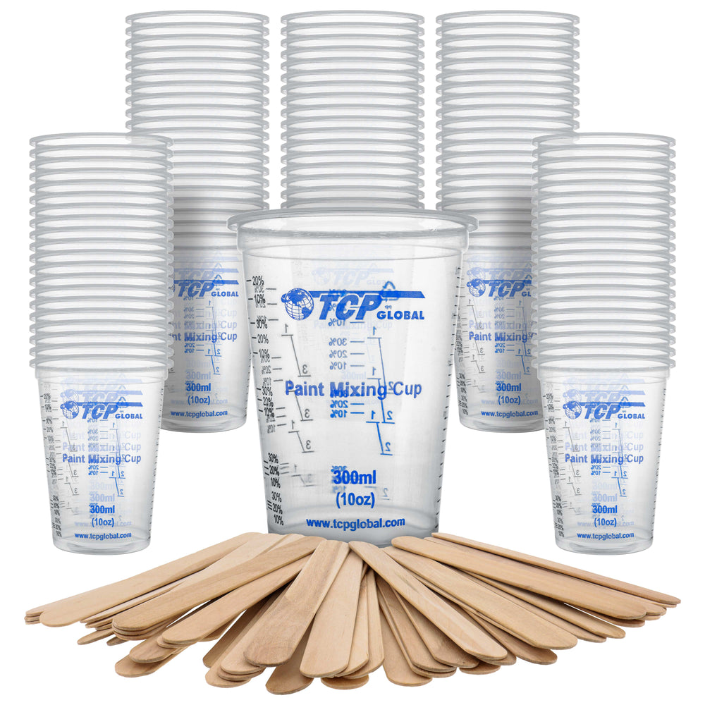 TCP Global 10 Ounce (300ml) Disposable Flexible Clear Graduated Plastic Mixing Cups - Box of 100 Cups & 50 Mixing Sticks - Use for Paint, Resin, Epoxy