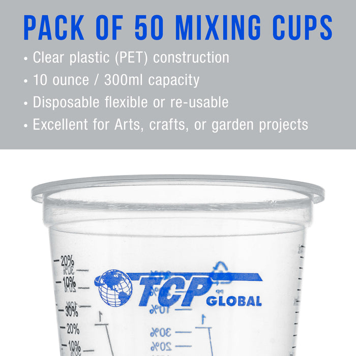 TCP Global 10 Ounce (300ml) Disposable Flexible Clear Graduated Plastic Mixing Cups - Box of 50 Cups & 50 Mixing Sticks - Use for Paint, Resin, Epoxy