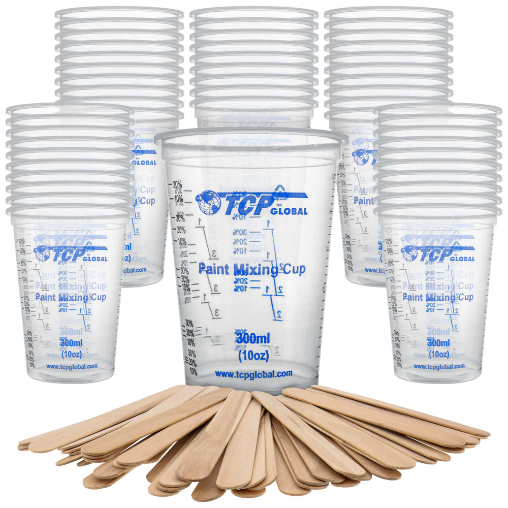 TCP Global 10 Ounce (300ml) Disposable Flexible Clear Graduated Plastic Mixing Cups - Box of 50 Cups & 50 Mixing Sticks - Use for Paint, Resin, Epoxy