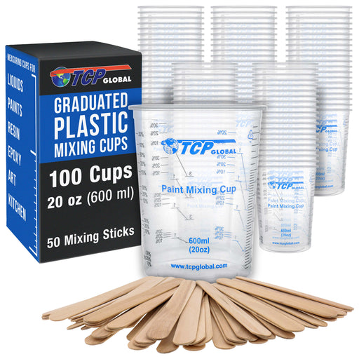 20 oz. (600ml) Graduated Plastic Mixing Cups - Box of 100 with 50 Mixing Sticks - Disposable Plastic Measuring Cups for Liquids, Paints, Resin
