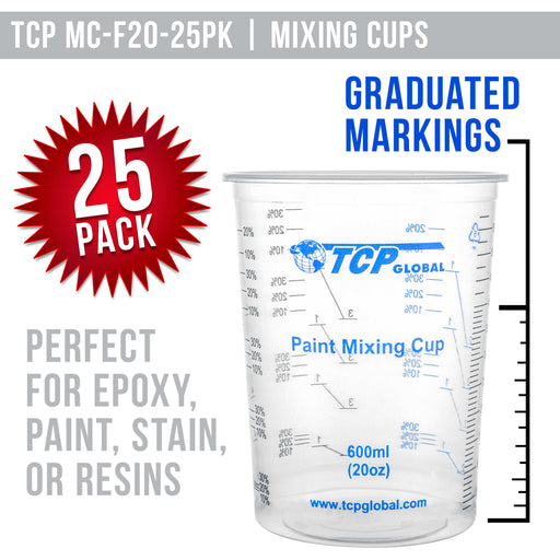 TCP Global 20 Ounce (600ml) Disposable Flexible Clear Graduated Plastic Mixing Cups - Box of 25 Cups & 25 Mixing Sticks - Use for Paint, Resin, Epoxy