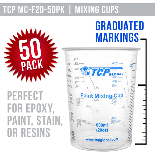 TCP Global 20 Ounce (600ml) Disposable Flexible Clear Graduated Plastic Mixing Cups - Box of 50 Cups & 50 Mixing Sticks - Use for Paint, Resin, Epoxy