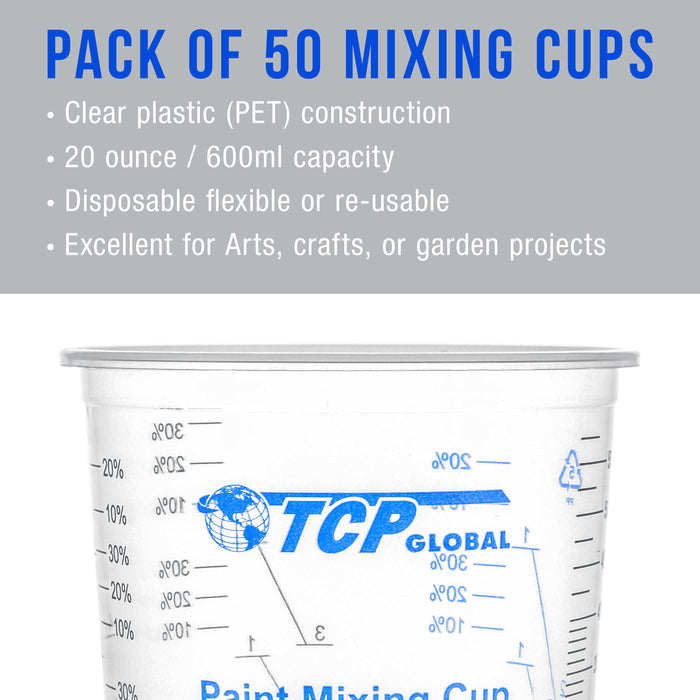 TCP Global 20 Ounce (600ml) Disposable Flexible Clear Graduated Plastic Mixing Cups - Box of 50 Cups & 50 Mixing Sticks - Use for Paint, Resin, Epoxy