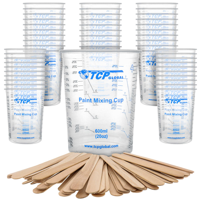 TCP Global 20 Ounce (600ml) Disposable Flexible Clear Graduated Plastic Mixing Cups - Box of 50 Cups & 50 Mixing Sticks - Use for Paint, Resin, Epoxy