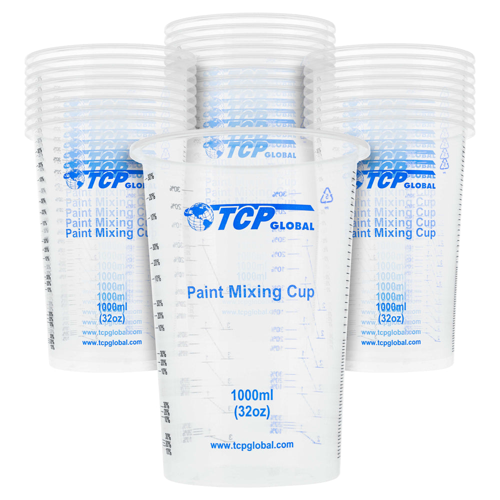 TCP Global 32 Ounce (1000ml) Disposable Flexible Clear Graduated Plastic Mixing Cups - Box of 25 Cups - Use for Paint, Resin, Epoxy, Art, Kitchen