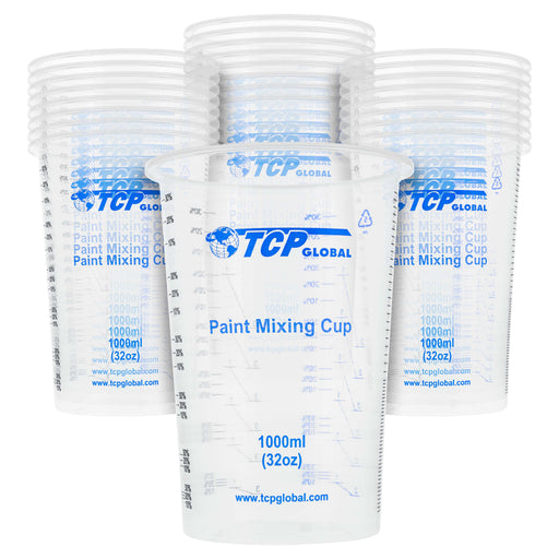 TCP Global 32 Ounce (1000ml) Disposable Flexible Clear Graduated Plastic Mixing Cups - Box of 25 Cups - Use for Paint, Resin, Epoxy, Art, Kitchen