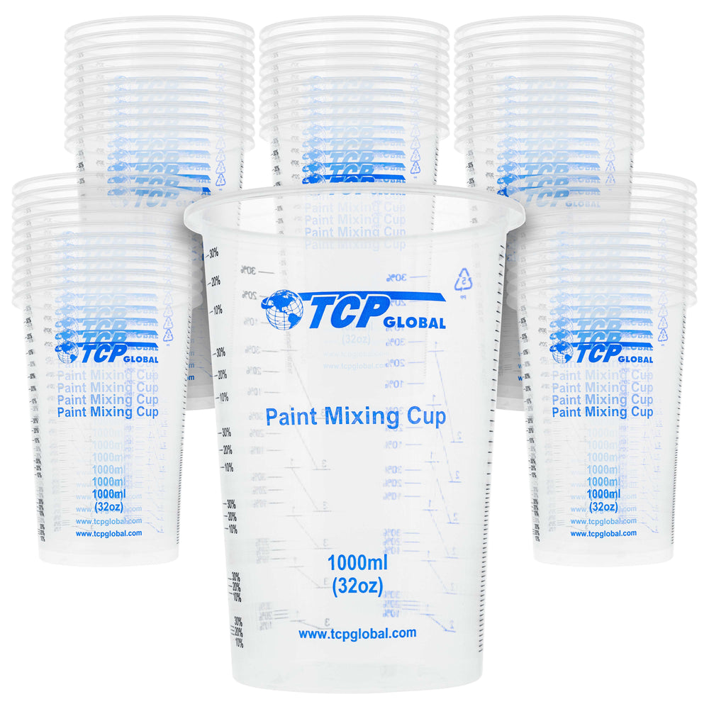 TCP Global 32 Ounce (1000ml) Disposable Flexible Clear Graduated Plastic Mixing Cups - Box of 50 Cups - Use for Paint, Resin, Epoxy, Art, Kitchen