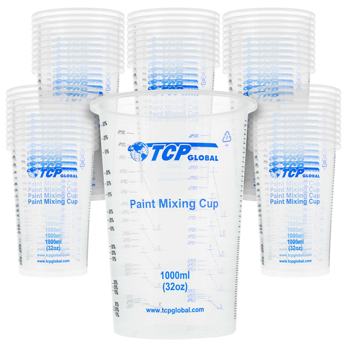 TCP Global 32 Ounce (1000ml) Disposable Flexible Clear Graduated Plastic Mixing Cups - Box of 50 Cups - Use for Paint, Resin, Epoxy, Art, Kitchen