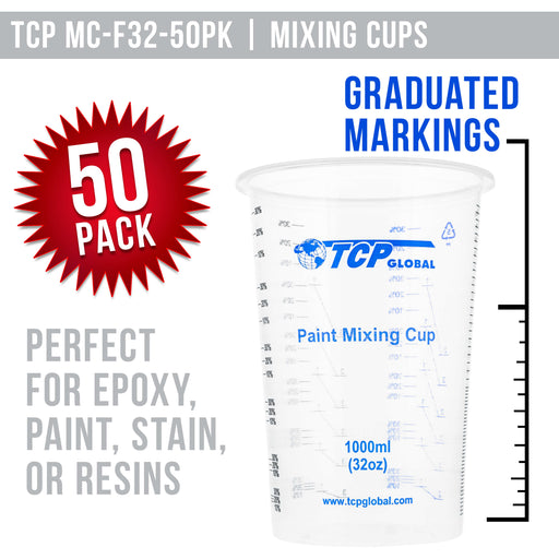 TCP Global 32 Ounce (1000ml) Disposable Flexible Clear Graduated Plastic Mixing Cups - Box of 50 Cups - Use for Paint, Resin, Epoxy, Art, Kitchen