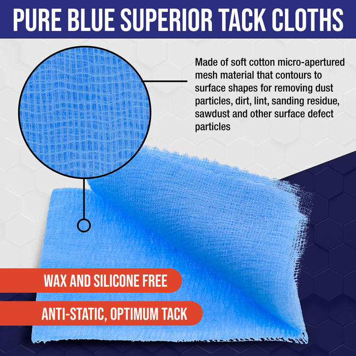 Pure Blue Superior Tack Cloths - Tack Rags (Box of 6) - Automotive Car Painters Professional Grade - Removes Dust, Sanding Particles, Cleans Surfaces - Wax and Silicone Free, Anti-Static