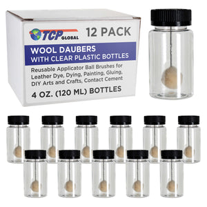 12-Pack Wool Daubers with Clear Plastic Bottles, 4 oz. (120 ml) - Safety Lids, Applicator Ball Brushes for Leather Dye, Dyeing, Painting, Gluing, DIY