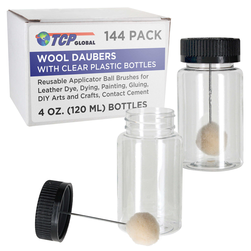 144-Pack Wool Daubers with Clear Plastic Bottles, 4 oz. (120 ml) - Safety Lids, Applicator Ball Brushes for Leather Dye, Dyeing, Painting, Gluing, DIY Arts and Crafts, Contact Cement