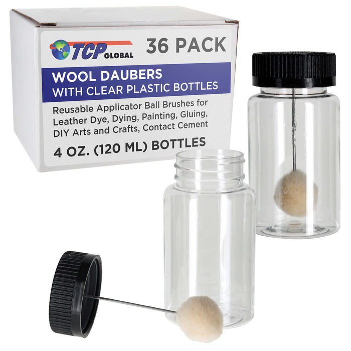 36-Pack Wool Daubers with Clear Plastic Bottles, 4 oz. (120 ml) - Safety Lids, Applicator Ball Brushes for Leather Dye, Dyeing, Painting, Gluing, DIY Arts and Crafts, Contact Cement
