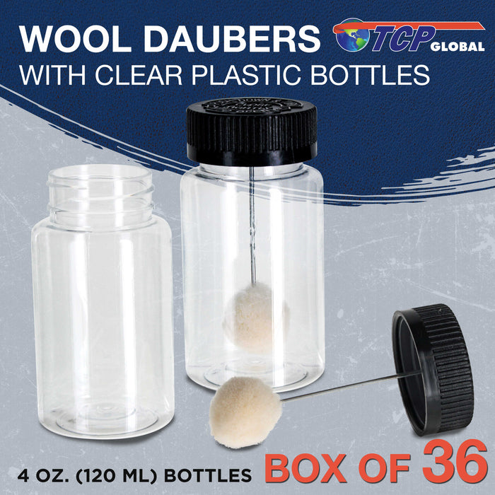 36-Pack Wool Daubers with Clear Plastic Bottles, 4 oz. (120 ml) - Safety Lids, Applicator Ball Brushes for Leather Dye, Dyeing, Painting, Gluing, DIY Arts and Crafts, Contact Cement