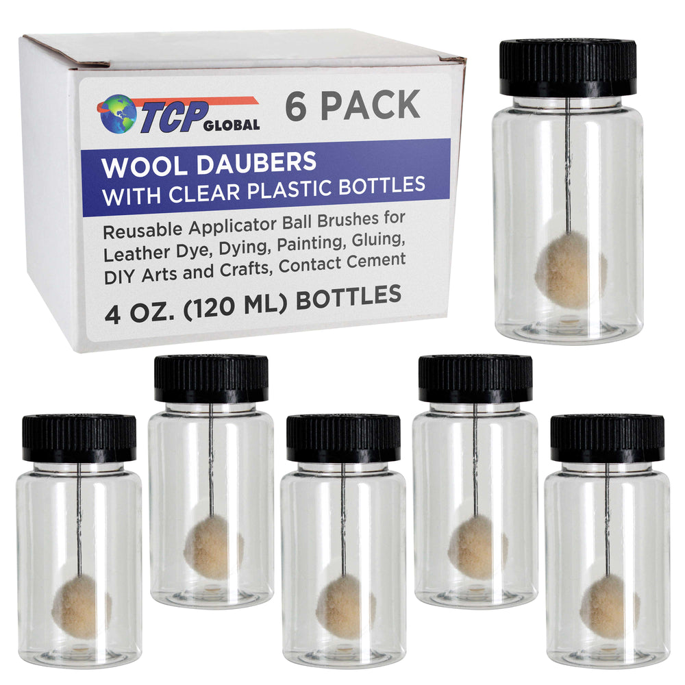 6-Pack Wool Daubers with Clear Plastic Bottles, 4 oz. (120 ml) - Safety Lids, Applicator Ball Brushes for Leather Dye, Dyeing, Painting, Gluing, DIY Arts and Crafts, Contact Cement