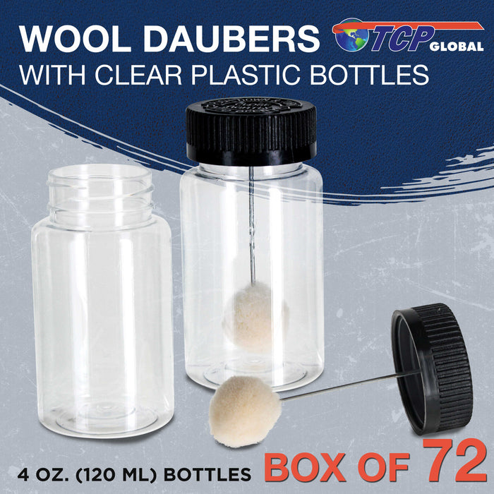 72-Pack Wool Daubers with Clear Plastic Bottles, 4 oz. (120 ml) - Safety Lids, Applicator Ball Brushes for Leather Dye, Dyeing, Painting, Gluing, DIY Arts and Crafts, Contact Cement