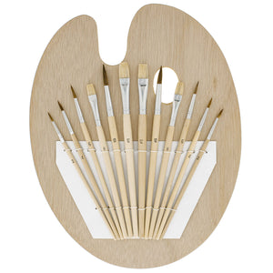 12-Piece Artist Paint Brush Set with 9" x 12" Wood Painting Palette - 12 Premium Round & Flat Bristle Paintbrushes - Fun Kids, Adults