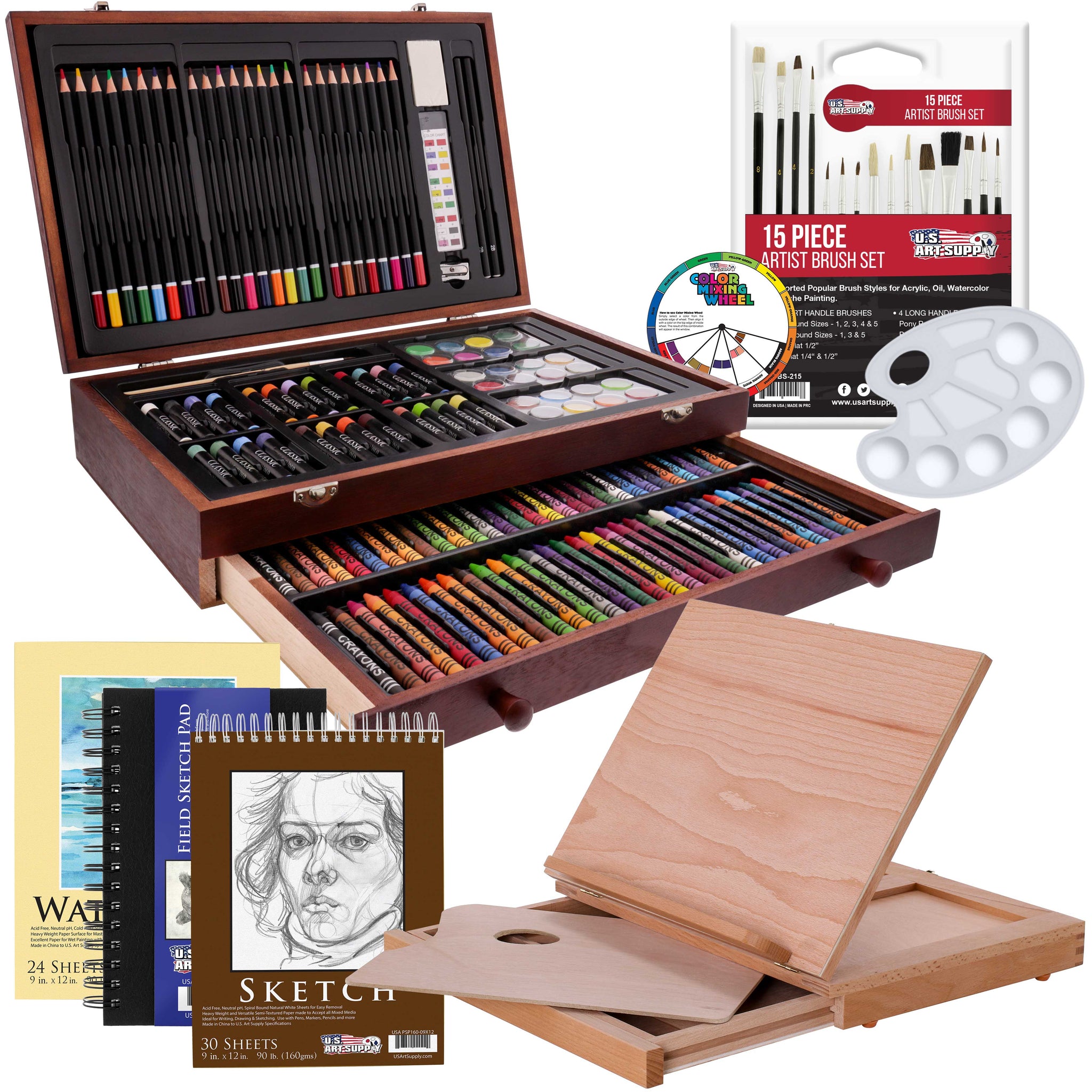 U.S. Art Supply 163-Piece Mega Deluxe Art Painting, Drawing Set, Desk Easel - Painting Pad, Sketch Pads, 24 Watercolors, 24 Colored Pencils, Crayons