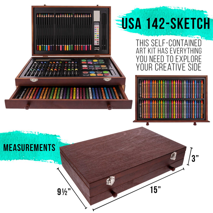 U.S. Art Supply 162-Piece Mega Wood Box Artist Kit with Painting, Drawing & Art Supplies for Adults - 24 Each (Watercolors, Oil Pastels, Pencils), 60 Crayons & 2 Brushes - Art Kit for Adults, Gift Set
