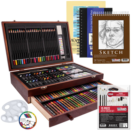 U.S. Art Supply 162-Piece Deluxe Mega Wood Box Art Painting & Drawing Set - Artist Painting Pad, 2 Sketch Pads, Watercolors, Colored Pencils, Crayons