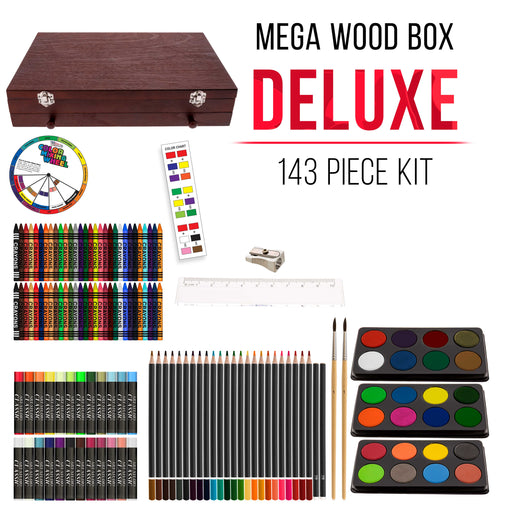 U.S. Art Supply 143-Piece Mega Wood Box Art Painting, Sketching, Drawing Set, 24 Watercolor Paint Colors, 24 Oil Pastels 24 Colored Pencils 60 Crayons