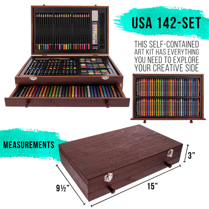 U.S. Art Supply 143-Piece Mega Wood Box Art Painting, Sketching, Drawing Set, 24 Watercolor Paint Colors, 24 Oil Pastels 24 Colored Pencils 60 Crayons