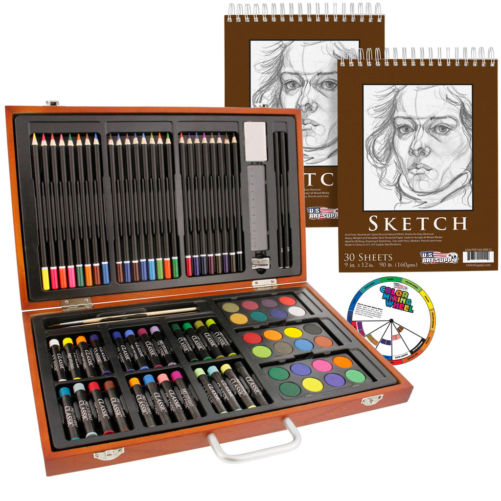 U.S. Art Supply 84-Piece Deluxe Artist Studio Creativity Set in Case,  Painting, Drawing, 2 Sketch Pads, 24 Watercolor Paint Colors, 24 Colored  Pencils